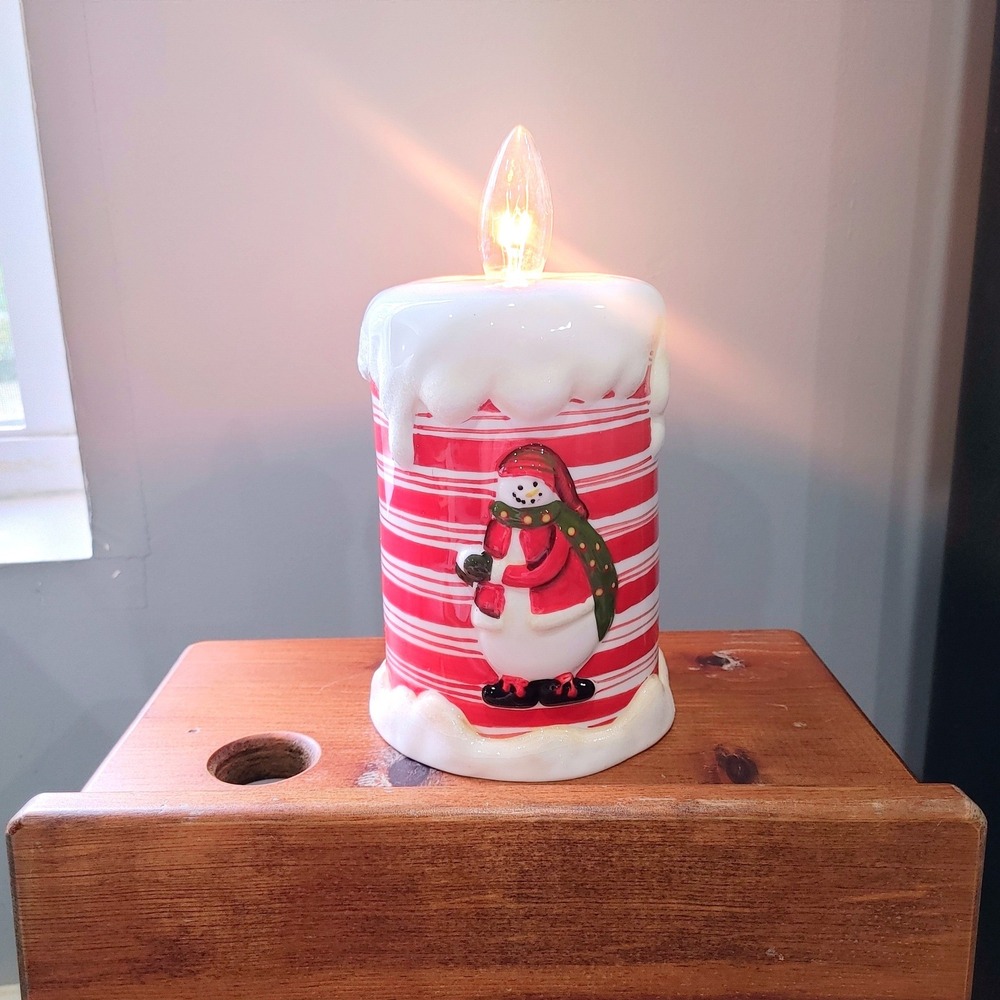 Ceramic Snowman Christmas Candle Lamp Red White Striped Holiday Decor 8.5"